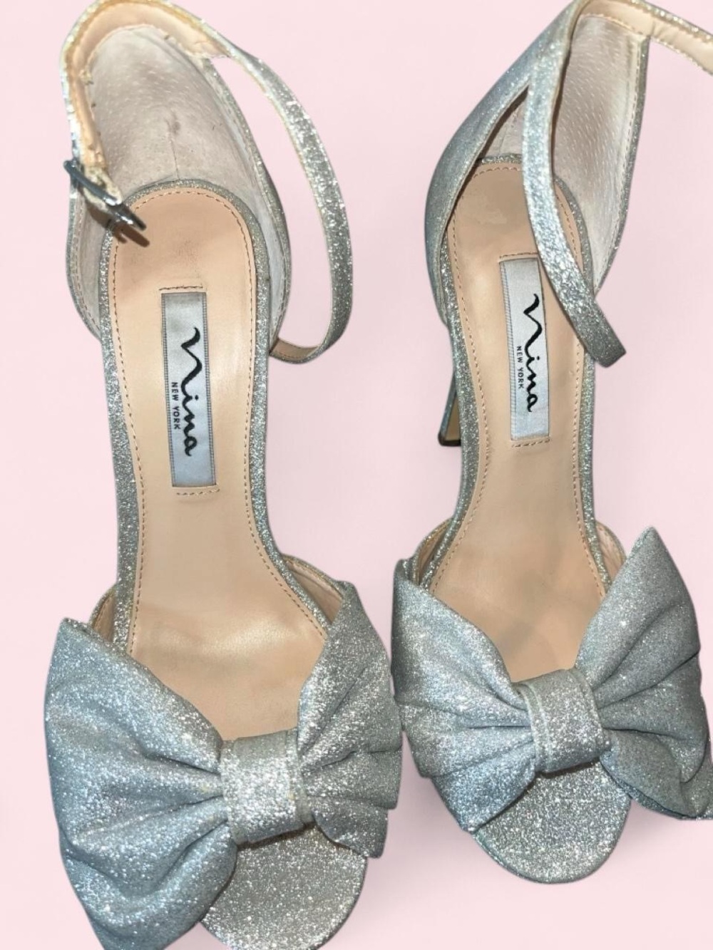 Nina Silver Glitter Bow Ankle-Strap Heels